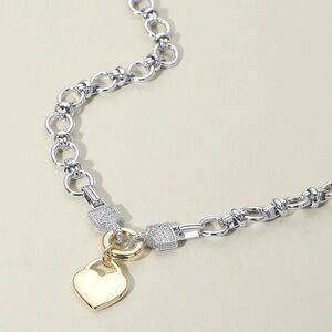 14K Gold Plated Two Tone Heart Pendant CZ Stone Paved Link Chain Necklace